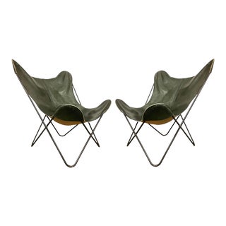 Midcentury Modern Leather Hardoy Iron Butterfly Chairs, a Pair For Sale