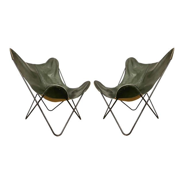 Midcentury Modern Leather Hardoy Iron Butterfly Chairs, a Pair For Sale