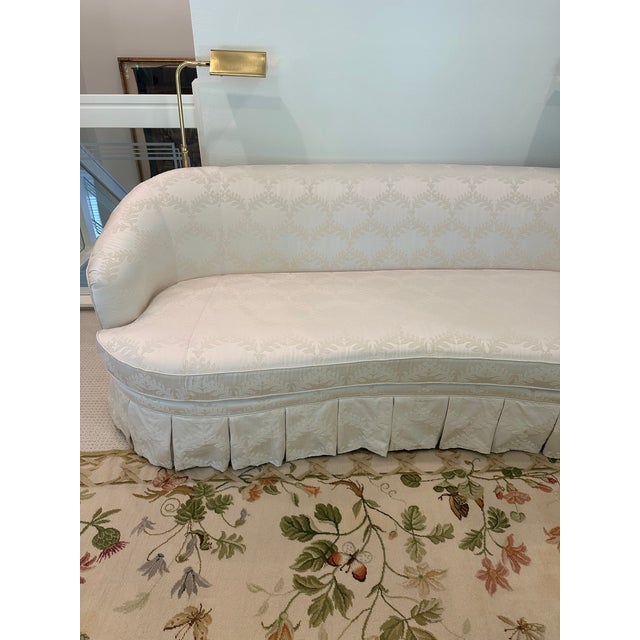 Vintage Curved Skirted Sofa Reupholstered in Ivory Silk Damask For Sale - Image 13 of 13