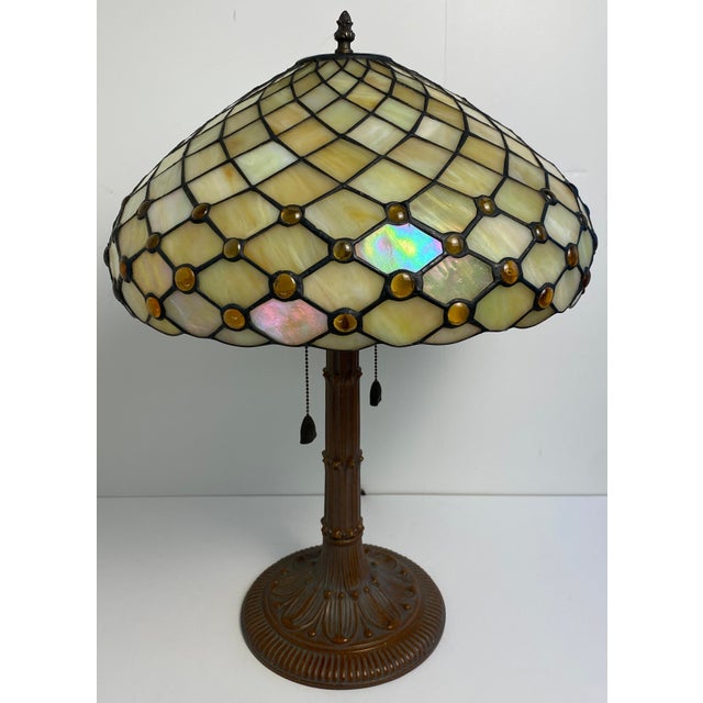 Antique American Tiffany Style Leaded Stained Glass Table Lamp with Amber Jewels, Antique Art Nouveau Slag Glass Table...