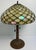 Antique American Tiffany Style Leaded Stained Glass Table Lamp with Amber Jewels, Antique Art Nouveau Slag Glass Table...