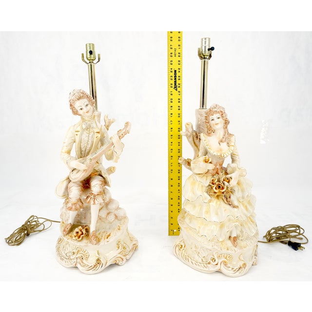 Traditional 28"h Porcelain Ceramic Figural Table Lamps Man Woman Playing Guitar For Sale - Image 3 of 13