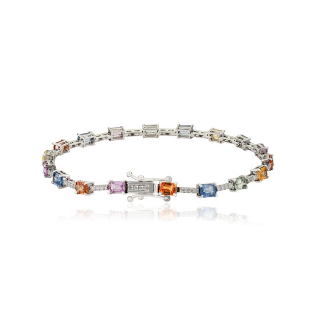 Ink Blue 4.38ct Rainbow Multi Sapphire & Diamond Tennis Bracelet in 14k White Gold 6.5 Inch For Sale - Image 8 of 13
