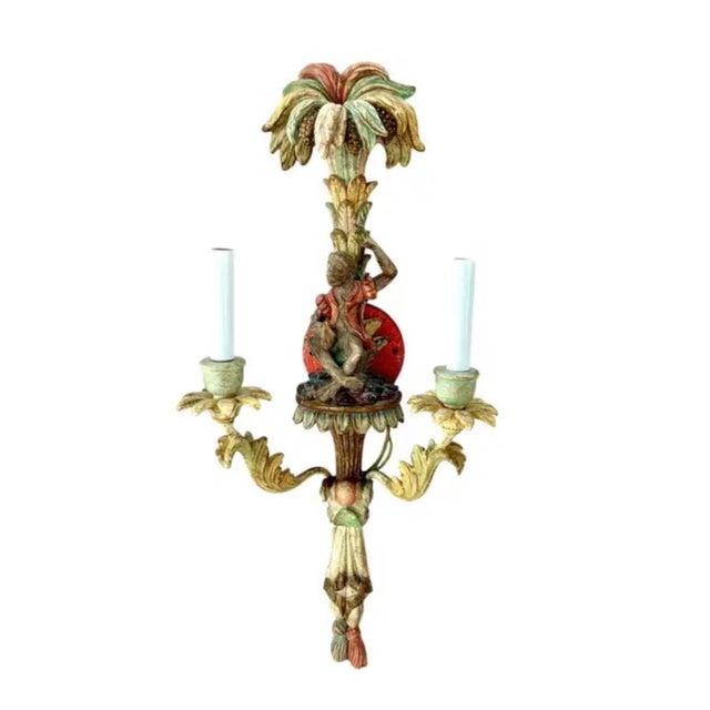 Pair of charming and whimsical Vintage Italian Monkey Wall Sconces. Each sconce features a sculptural seated monkey...