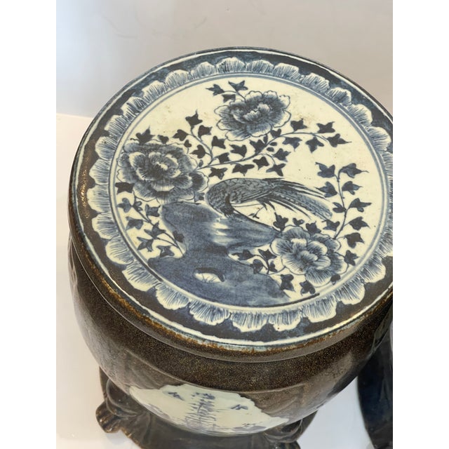 Pair of Chinese Export "Cafe Au Lait" Glazed Blue & White Ceramic Garden Seats For Sale - Image 9 of 16