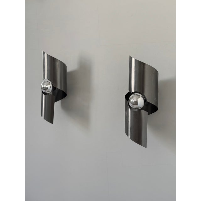 Vintage Brushed Metal Wall Lights, France, 1970, Set of 2 For Sale - Image 3 of 8