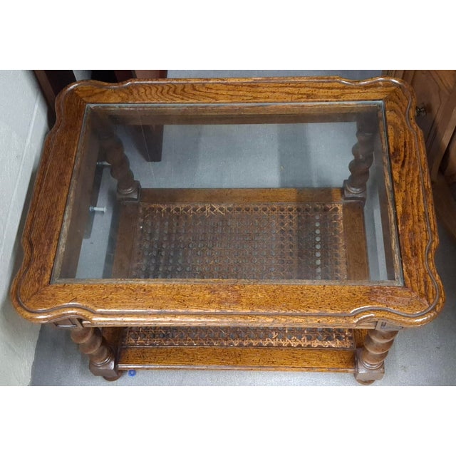 Mid-Century Barley Twist Oak and Cane Tiered Glass Top Side Table For Sale - Image 11 of 12