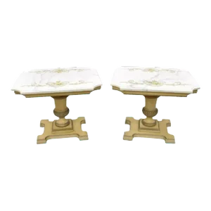 Vintage French Provincial Style Marble Top Wood Urn Base Side Tables - a Pair