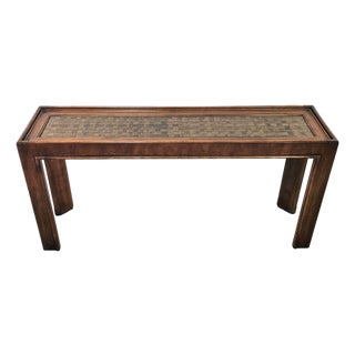 1970s Drexel Heritage Captiva Faux Bamboo Console Table With Glass Top 56" For Sale