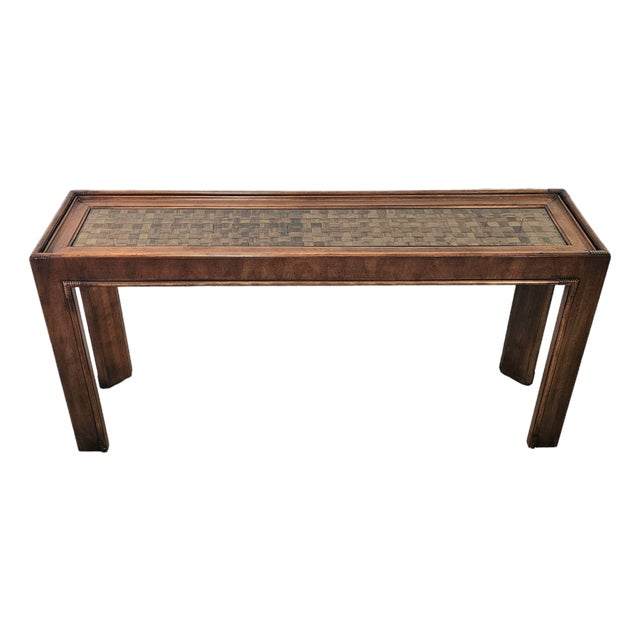 1970s Drexel Heritage Captiva Faux Bamboo Console Table With Glass Top 56" For Sale