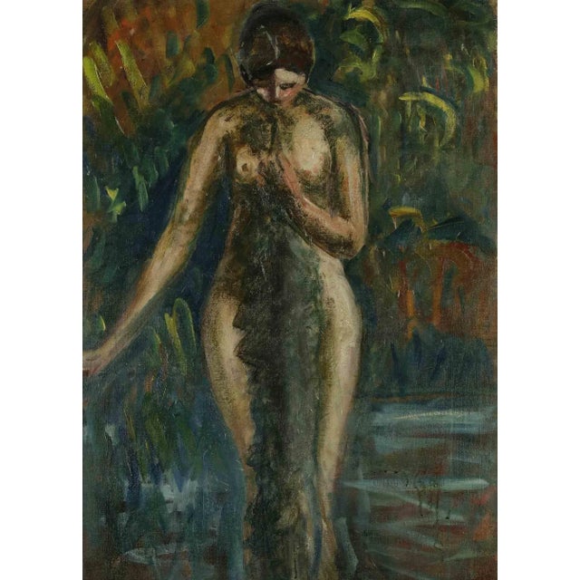 Woman in the wood is an original modern artwork realized by Antonio Feltrinelli in 1930s Mixed colored oil painting on...