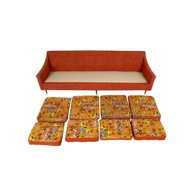 Orange Mid-Century Floral Orange Long Sofa For Sale - Image 8 of 9