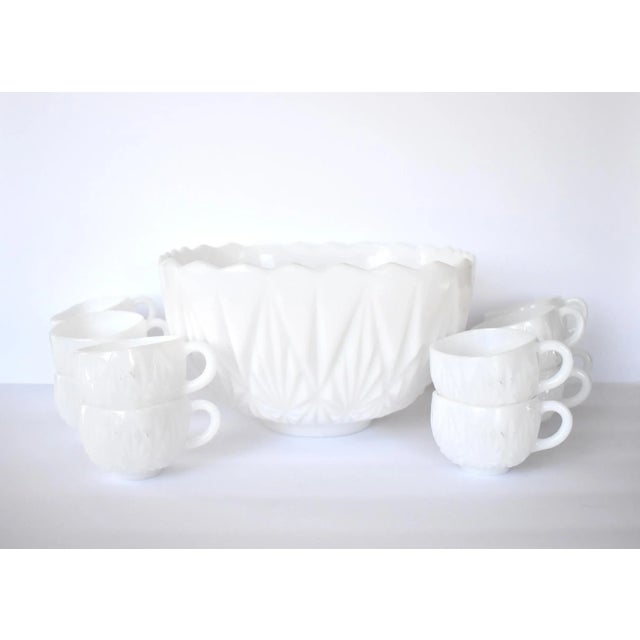 Mid-Century Modern Mid-Century Geometric White Milk Glass Punch Bowl & Cups Set- 13 Pieces For Sale - Image 3 of 9