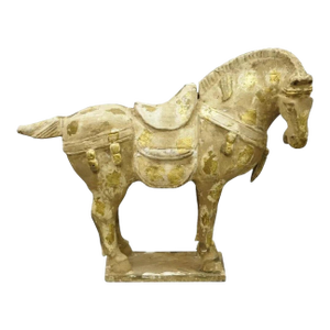 Late 20th Century Chinese Polychrome Wooden Carved Wood 28" Tang Horse Sculpture Statue Figure