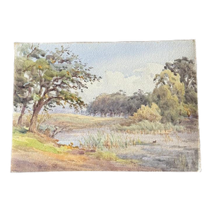19th Century Original European Watercolor Paintings, Country Pond