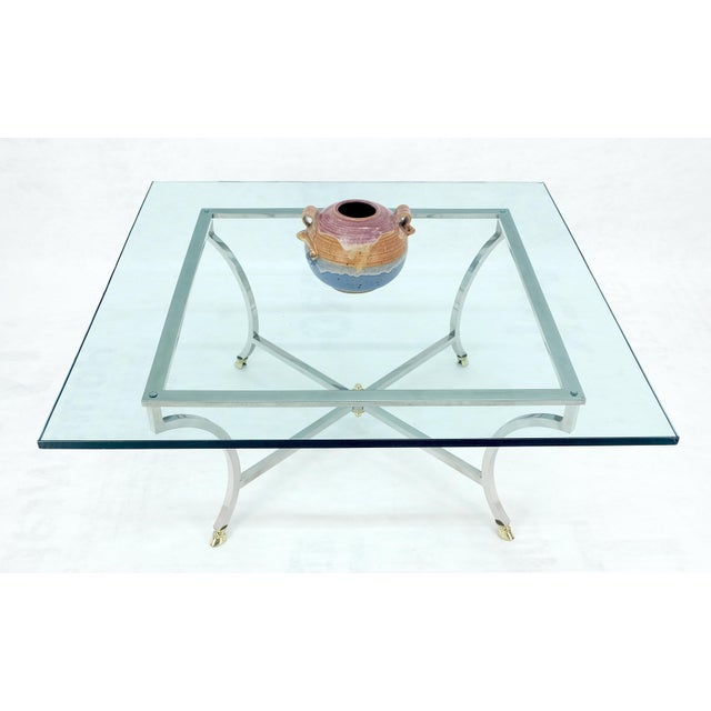 Brass hoof Feet 40x40 3/4" Square Glass Top Chrome Base Coffee Table Italy MINT For Sale - Image 11 of 16