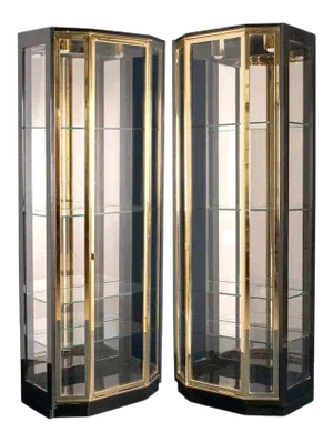 Henredon Black Lacquered and Brass Display Cabinets/Vitrines - A Pair