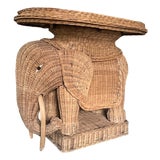 Vintage Woven Wicker Elephant Tray Side Drinks Table With Wood Tusks, Tropical Regency Style For Sale