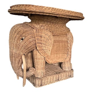 Vintage Woven Wicker Elephant Tray Side Drinks Table With Wood Tusks, Tropical Regency Style For Sale