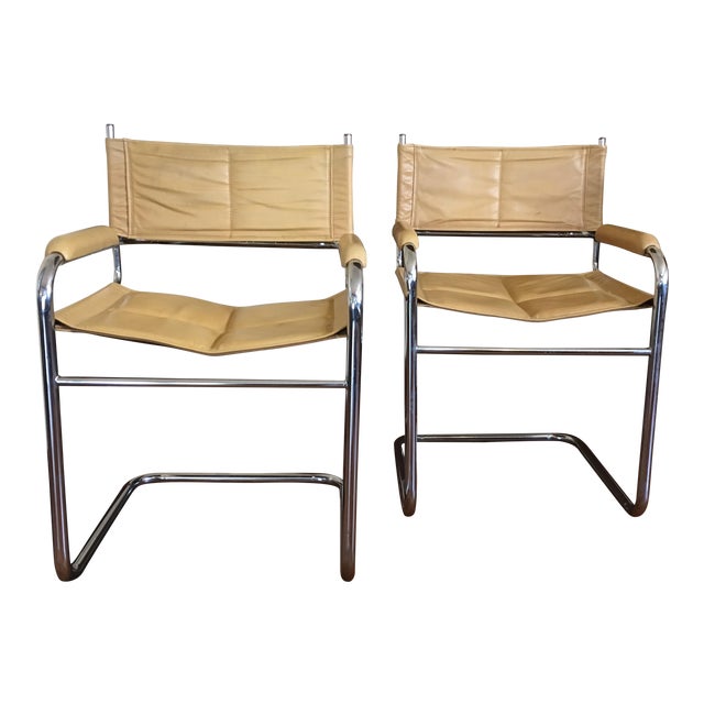 1970s Vintage Mustard Yellow Cantilevered Chrome and Leather Chairs A