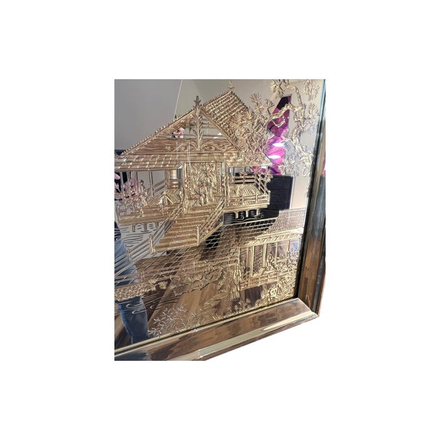 1980s Vintage Mid Century Modern 1980s Hollywood Regency Asian Eglomise Asian Motif Gold Gilding Wall Mirror For Sale - Image 5 of 10