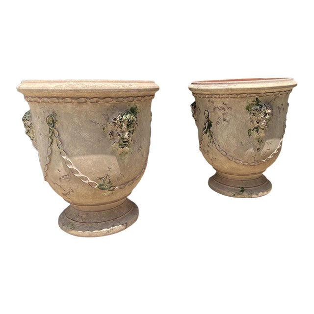 Pair of French Garden Pots From Anduze With Antiqued Patina, Mascarons and Swags For Sale