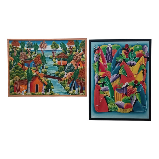 Felis, Caribbean Village Market, 2000s, Oil Paintings on Canvas, Set of 2 For Sale