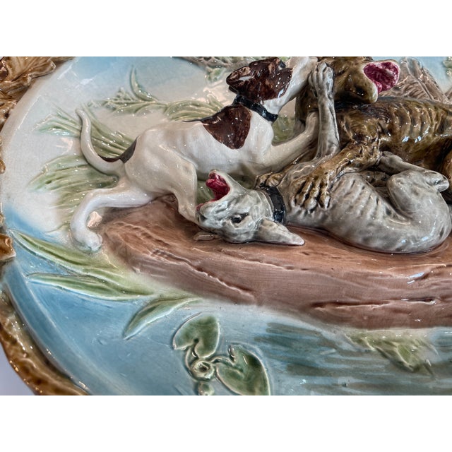 Rare 19th Century French Sarreguemines Majolica "The Hunt of the Wolves" Barbotine Platter, Rare Turquoise Color. For Sale - Image 9 of 17