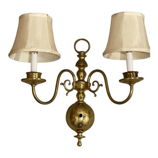 Vintage Dutch Colonial Style Brass Two Light Wall Sconce With Shad For Sale