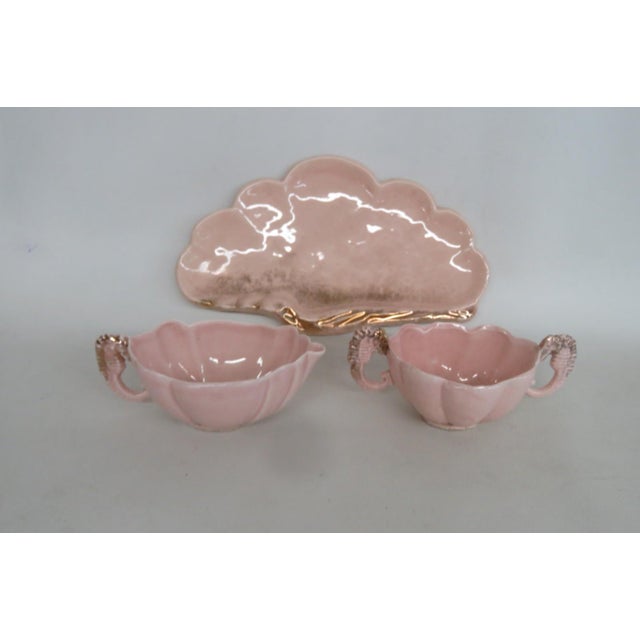 Mid 20th Century Pink Ceramic 3pc Set Tray Sugar Creamer With Gold Sea Horse Handle Design For Sale - Image 13 of 13