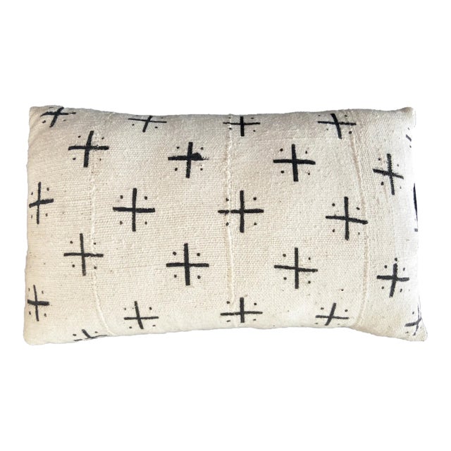 VTG Mud Cloth Bogolan Black & White Lumbar Pillow 20" by 12" For Sale