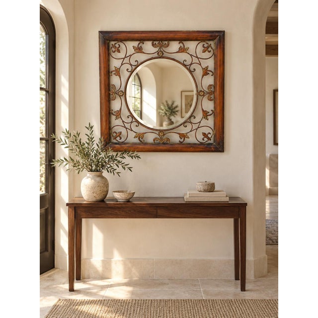 French Country Vintage Old World Variegated Patinated Metal Scrollwork Mirror With Beveled Glass For Sale - Image 3 of 4