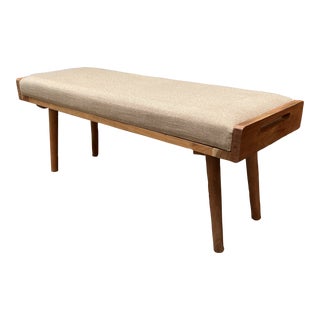 Mid Century Style Upholstered + Wood Bench For Sale