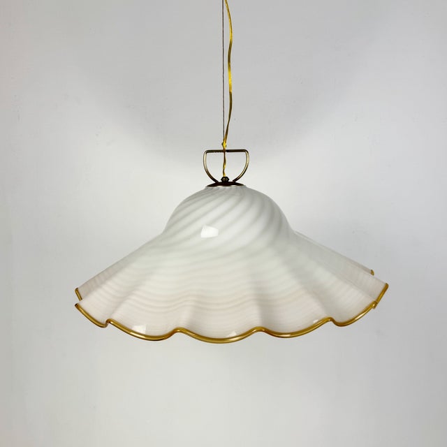 Metal Mid-Century Murano Swirl Fazzoletto Glass Pendant Lamp, Italy, 1970s For Sale - Image 7 of 9