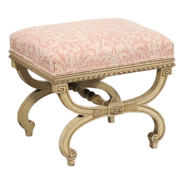Vintage Italian Curule-Style Stool Newly Reupholstered in Fortuny Fabric For Sale