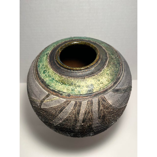 Vintage Studio Art Pottery CHESTNUT LEAVES Raku Glaze Vase by Bohn, Signed Aprox. dimensions: 10"H x 9" diameter Very good...