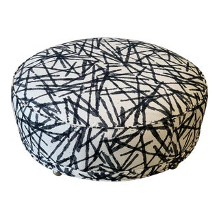 Black & White Fabric Round Ottoman on Casters For Sale