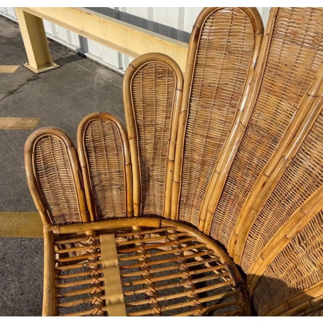 1970s Rattan Woven Wicker Peacock Fan Back Lounge Chair For Sale - Image 9 of 12
