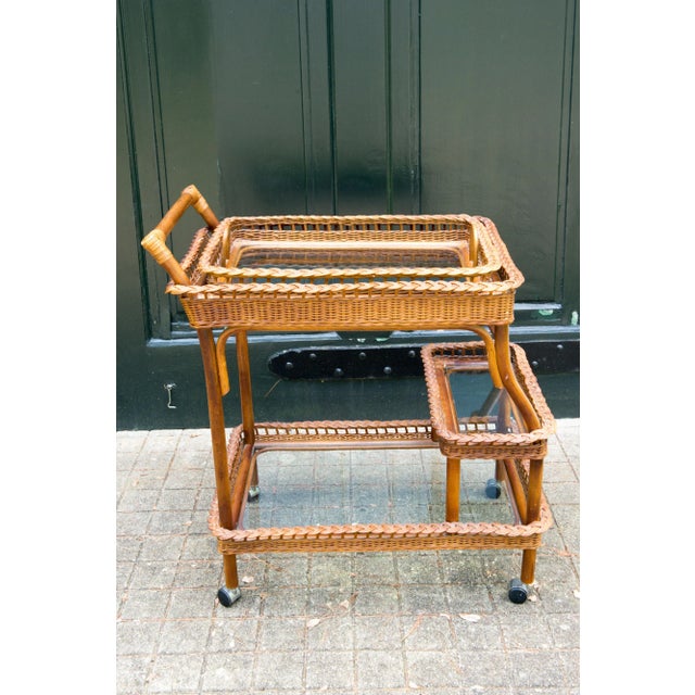 Arts & Crafts Rattan-Wicker Bar Cart For Sale - Image 3 of 11