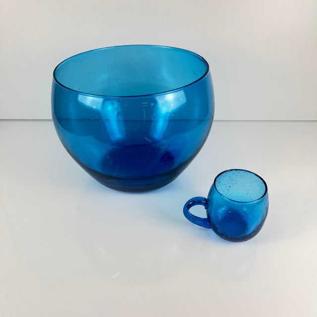 Cobalt Blue Bubbled Glass Punch Set in the style of Biot, 1970, Set of 10 For Sale - Image 12 of 14