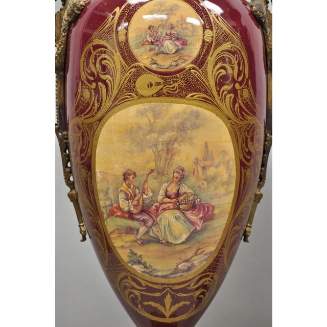 Late 20th Century Vintage Palace Size French Sevres Style Red Porcelain Revolving Covered Urn Pair For Sale - Image 5 of 18