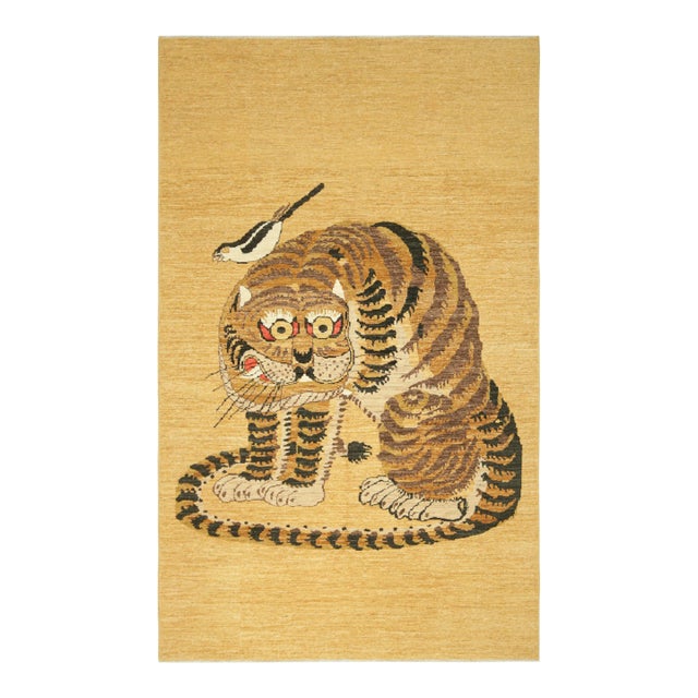 Rug & Kilim’s Contemporary Tiger Pictorial Rug in Gold, Brown and Black Tones For Sale