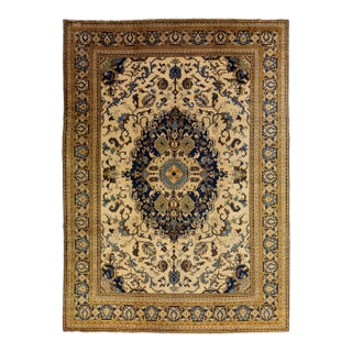 Room Size Antique Medallion Designed Wool Rug Persian Tabriz in Beige and Navy Blue For Sale