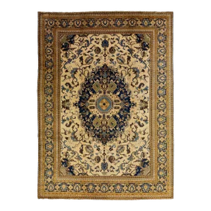 Room Size Antique Medallion Designed Wool Rug Persian Tabriz in Beige and Navy Blue