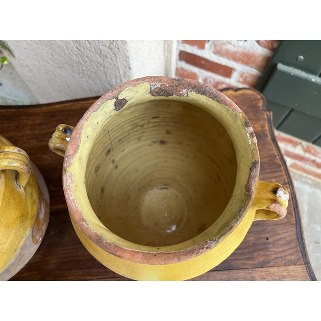 Pair Antique Provincial French Yellow Glazed Pottery Confit Pot Urn Vessel Vase For Sale - Image 11 of 13