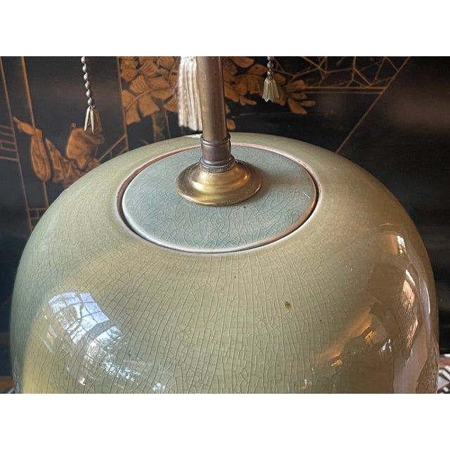 Antique Celadon Ginger Jar Two Light Lamp For Sale In New York - Image 6 of 8