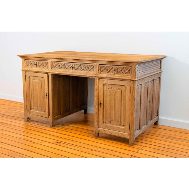 Gothic Gothic Revival English Desk of Bleached Oak with Linenfold Motifs, circa 1830 For Sale - Image 3 of 9