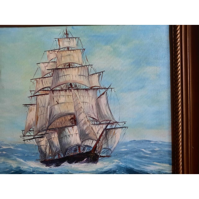 Coastal Vintage 1971 Jantz Framed Tall Ships & Clipper Ships Maritime Oil Painting For Sale - Image 3 of 7