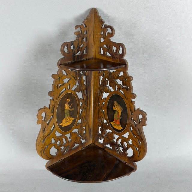 Folding Corner Shelf in Perforated Wood For Sale - Image 3 of 11