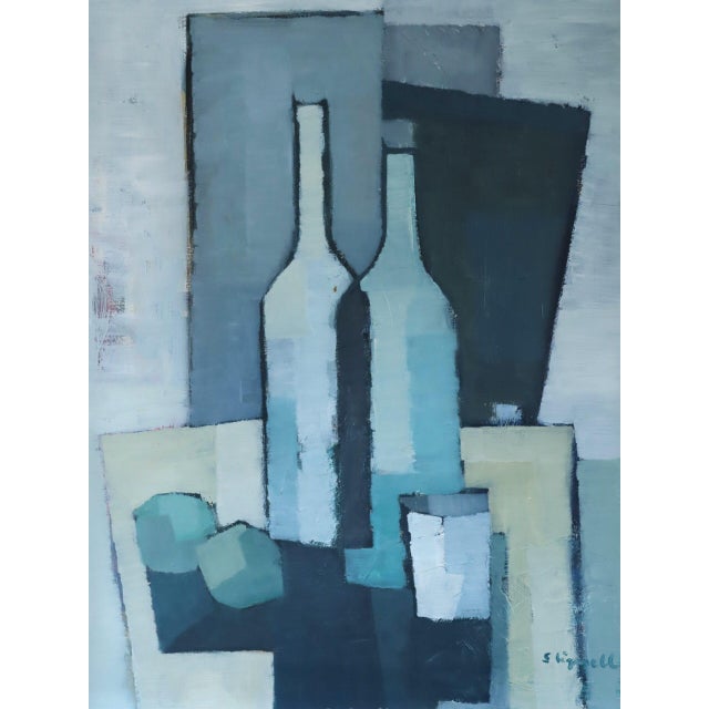 Blue Mid-Century Modern 'Bottles in Blue Geometry' Vintage Swedish Cubist Still Life Oil Painting, Framed For Sale - Image 8 of 13
